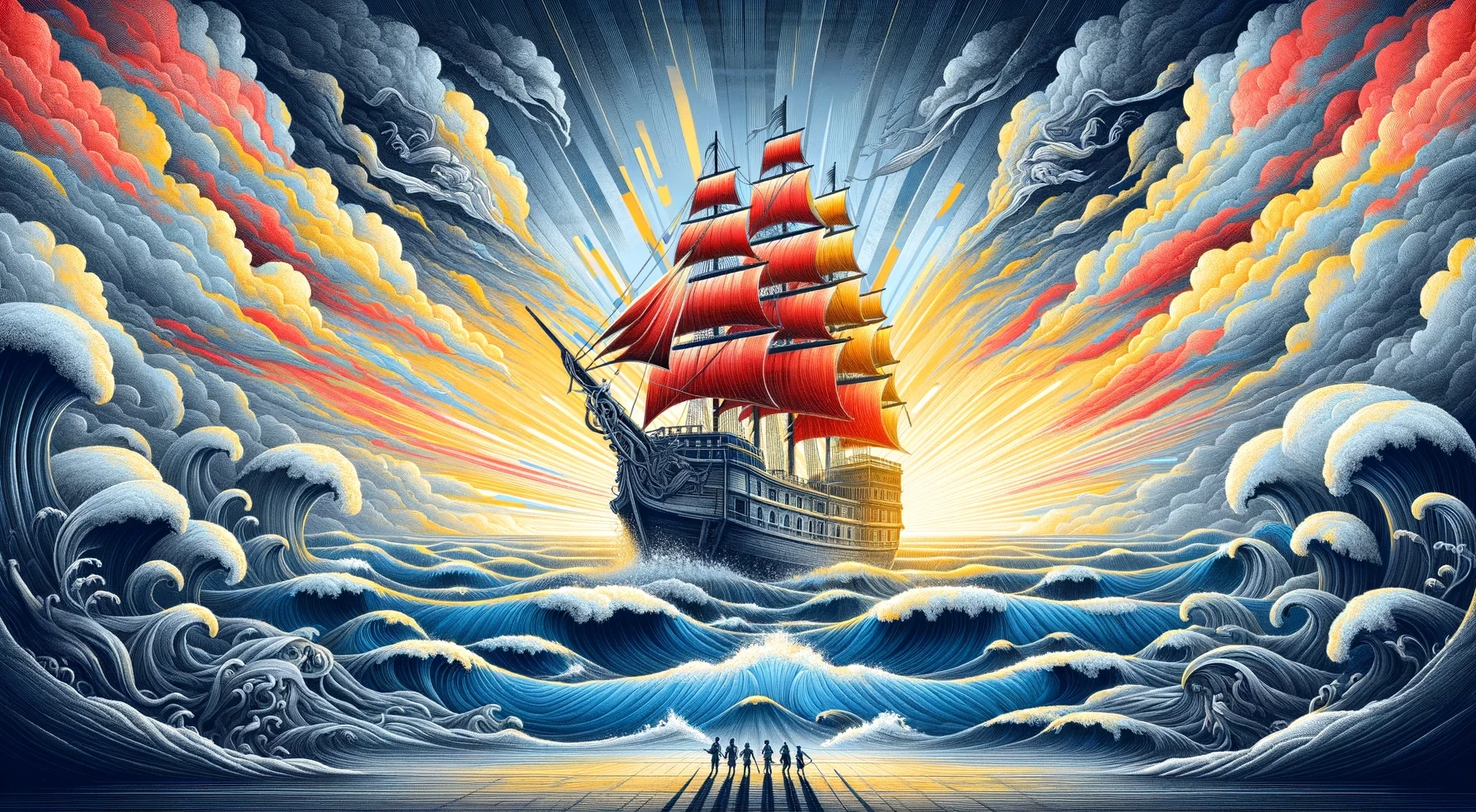 A grand ship ready to set sail on the vast ocean of knowledge, detailed in bright red and blue, dominates this imaginative stage design. The vibrant blue sea with yellow highlights suggests a new beginning at sunrise, with figures boarding the ship in anticipation. The sky transitions from light gray to dark gray, providing a dramatic backdrop for the voyage, while mythical creatures symbolize the challenges and adventures ahead. 