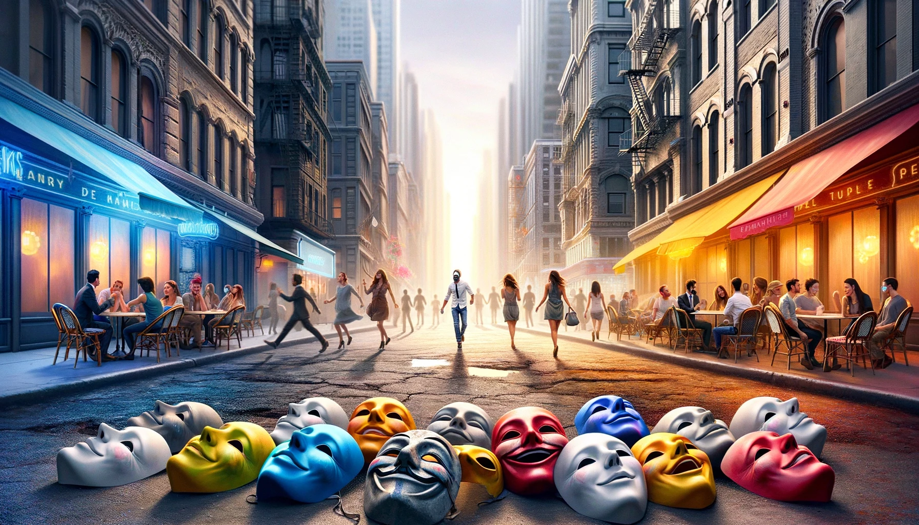 A vibrant city street where masks lie discarded, and individuals radiate their true selves in bright, unique colors, symbolizing the liberation from pretense and the embrace of authenticity.