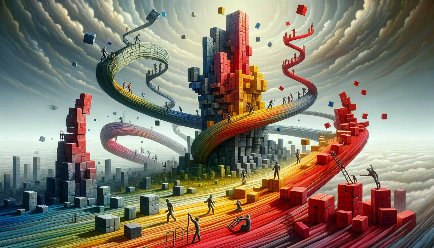The image depicts a surreal landscape where whimsical figures attempt to stack bricks to build a skyscraper. The structure defies the laws of physics, twisting and turning in dream-like ways. It's illuminated in an abstract, surreal light, with a color palette of Light Gray, Dark Gray, Bright Red, Yellow, and Blue. Some bricks appear almost melting, falling off as the skyscraper bends impossibly, showcasing the chaotic and doomed attempt.