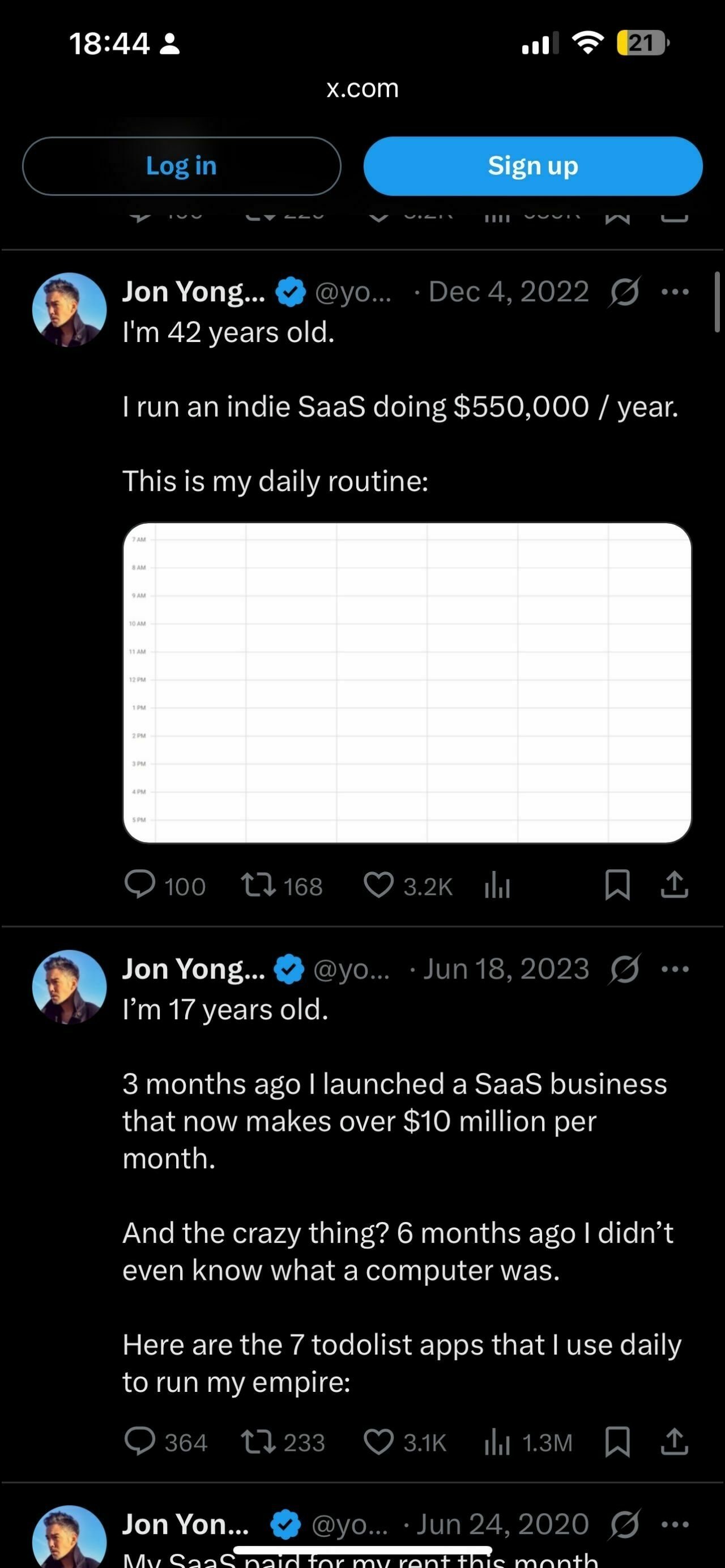 A person shares two contrasting tweets, one claiming to be a 42-year-old running a $550,000/year business, and another claiming to be a 17-year-old with a $10 million/month business.
