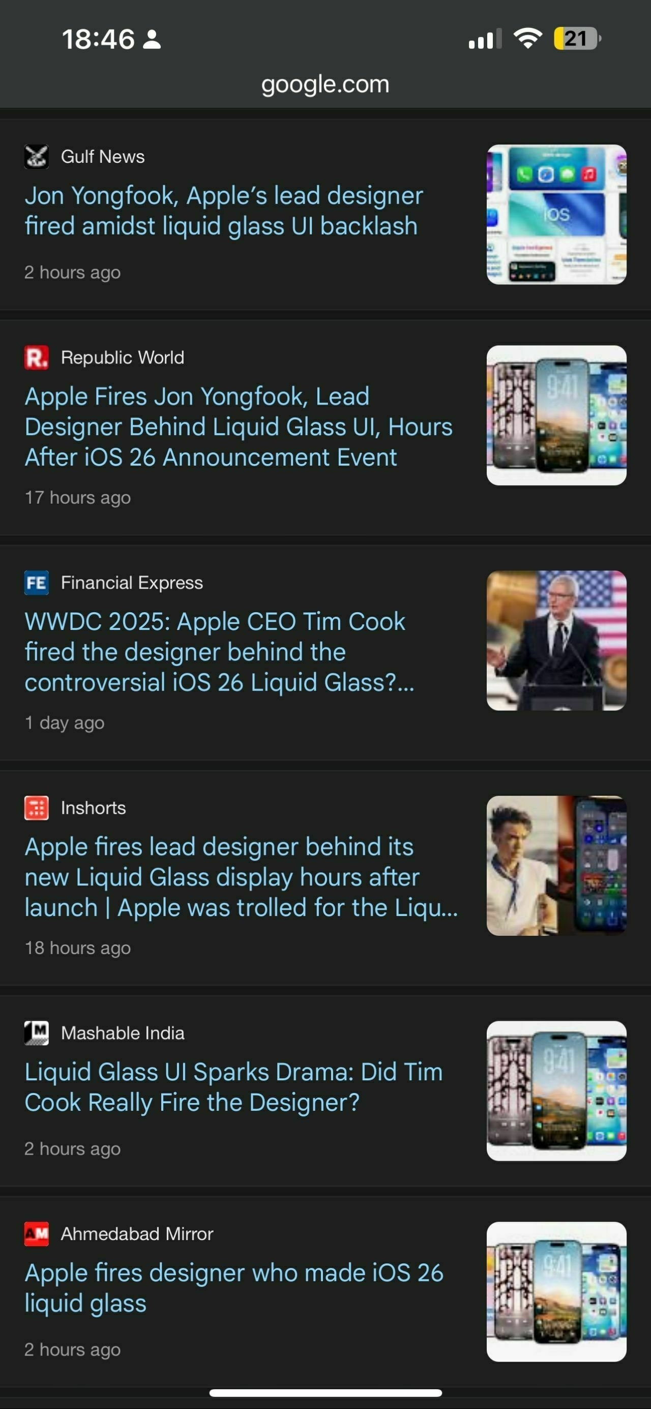 Various news headlines about Apple firing a lead designer of the new iOS 26 Liquid Glass UI are displayed on a smartphone screen.