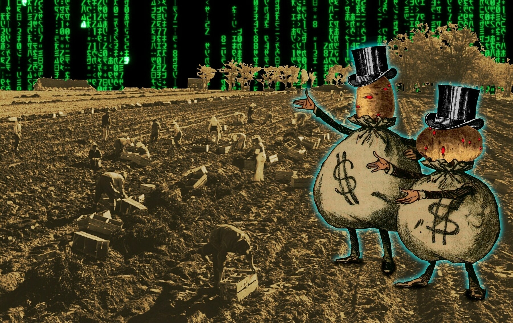 Two caricatures of top-hatted millionaires whose bodies are bulging money-sacks. Their heads have been replaced with potatoes. The potatoes' eyes have been replaced with the hostile red eye of HAL 9000 from Kubrick's '2001: A Space Odyssey.' They stand in a potato field filled with stoop laborers. The sky is a 'code waterfall' as seen in the credit sequences of the Wachowskis' 'Matrix' movies.