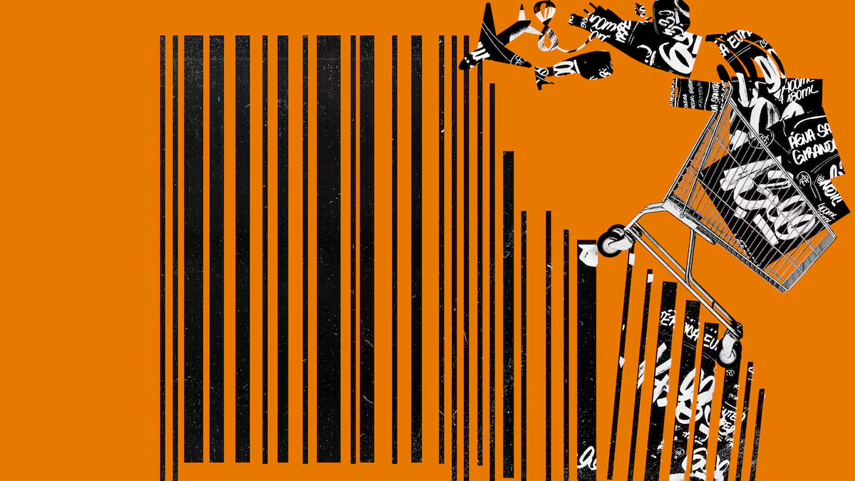 Auto-generated description: A shopping cart filled with items is depicted as part of a barcode on an orange background.