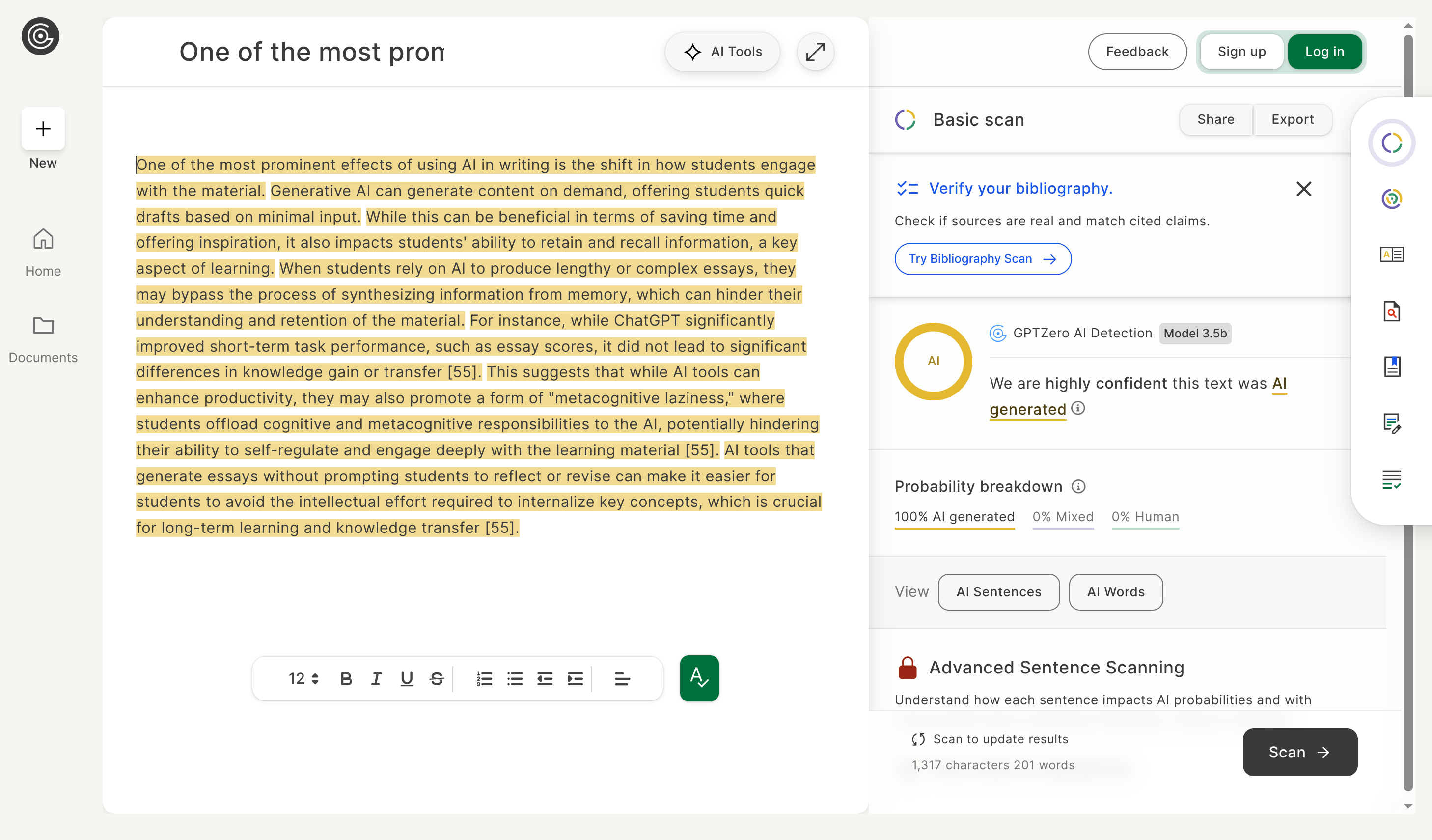 Screenshot of GPTzero saying '100% AI generated' and 'We are highly confident this text was AI generated