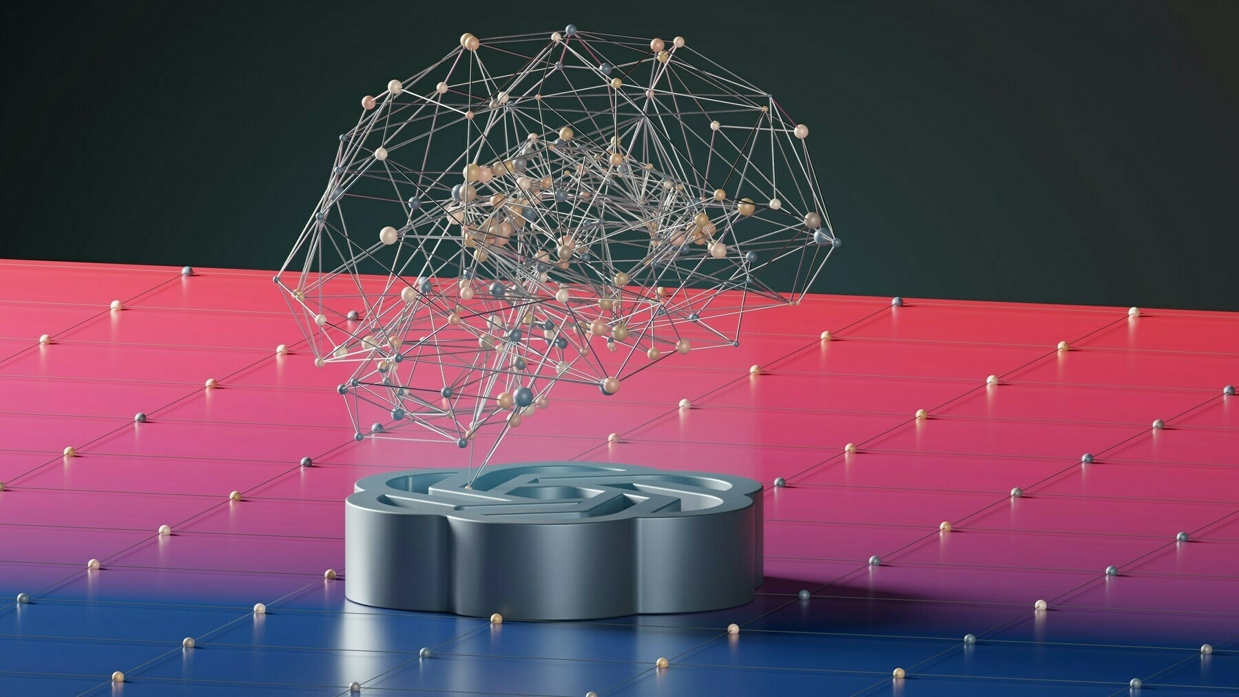 Auto-generated description: A digital rendering of a brain-like structure made of interconnected nodes and lines hovers above a circular platform on a gradient background.