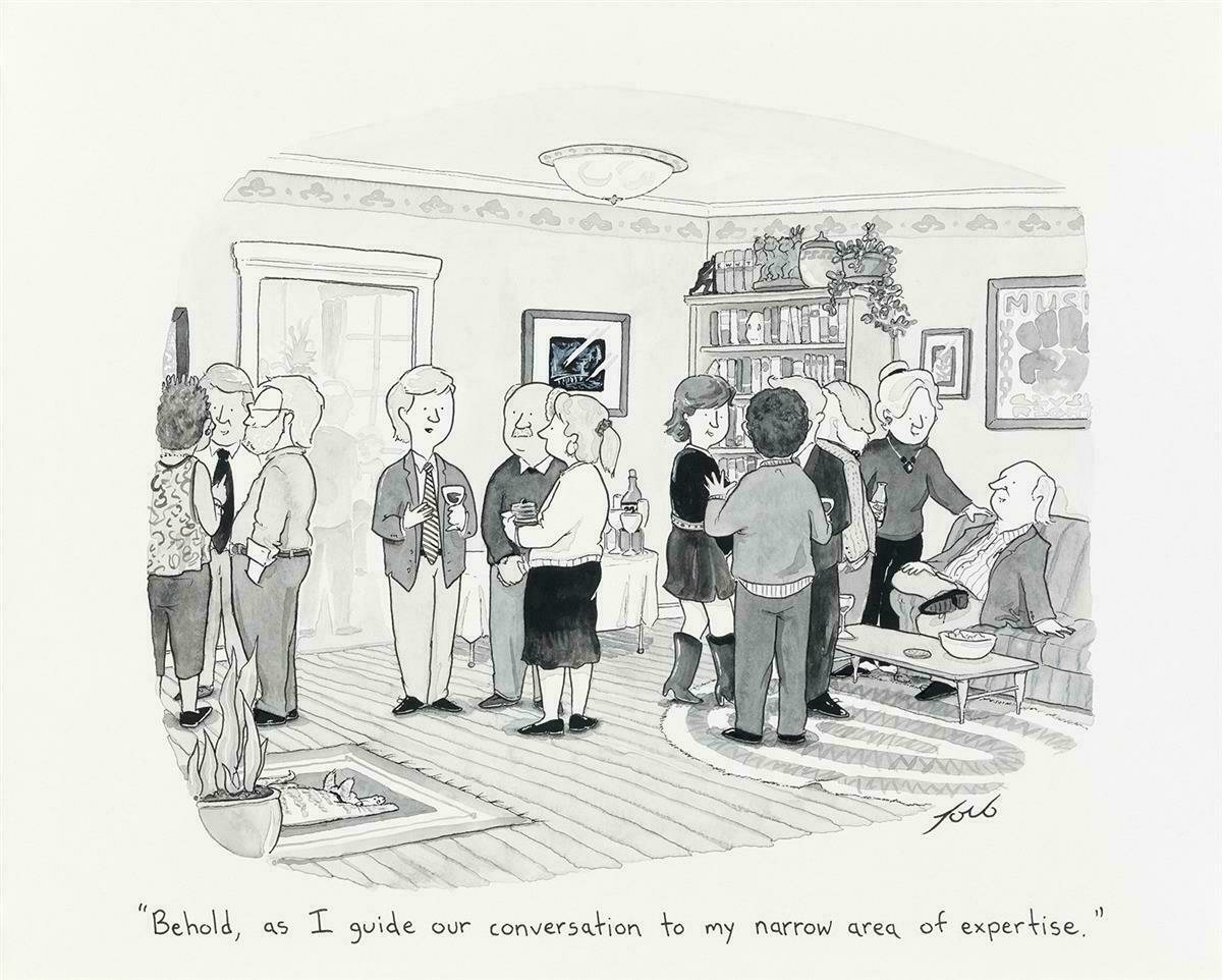 Auto-generated description: A group of people at a social gathering are mingling and conversing, with one person humorously noting their tendency to steer discussions toward their own expertise.