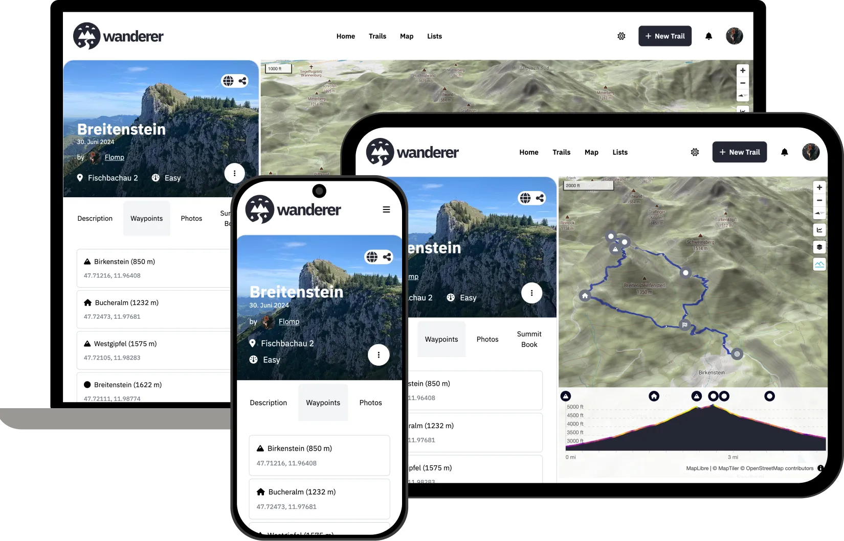 Auto-generated description: A responsive user interface for the wanderer app is displayed across multiple devices, featuring trail details, a map, and elevation profile for a location named Breitenstein.
