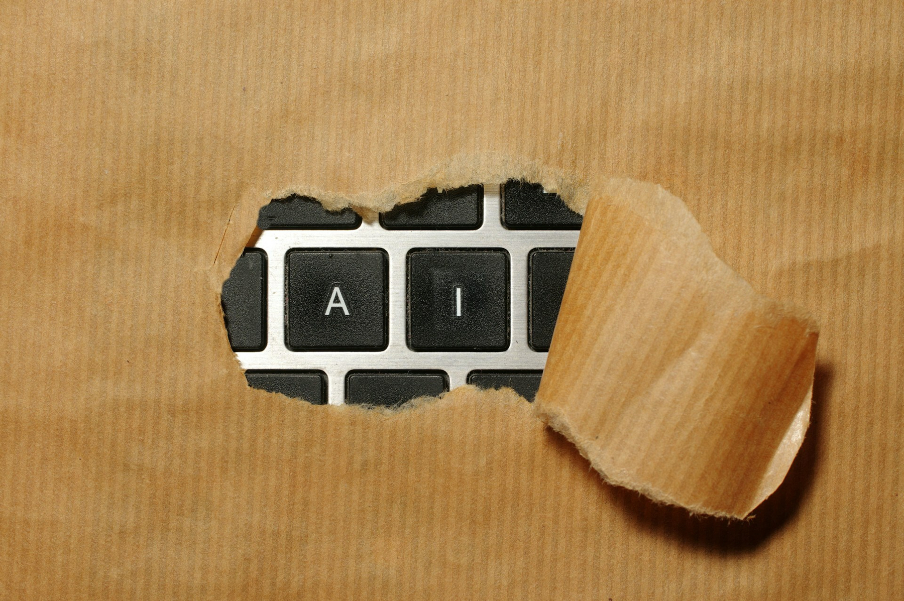 Auto-generated description: A torn piece of brown paper reveals the letters A and I on a keyboard underneath.