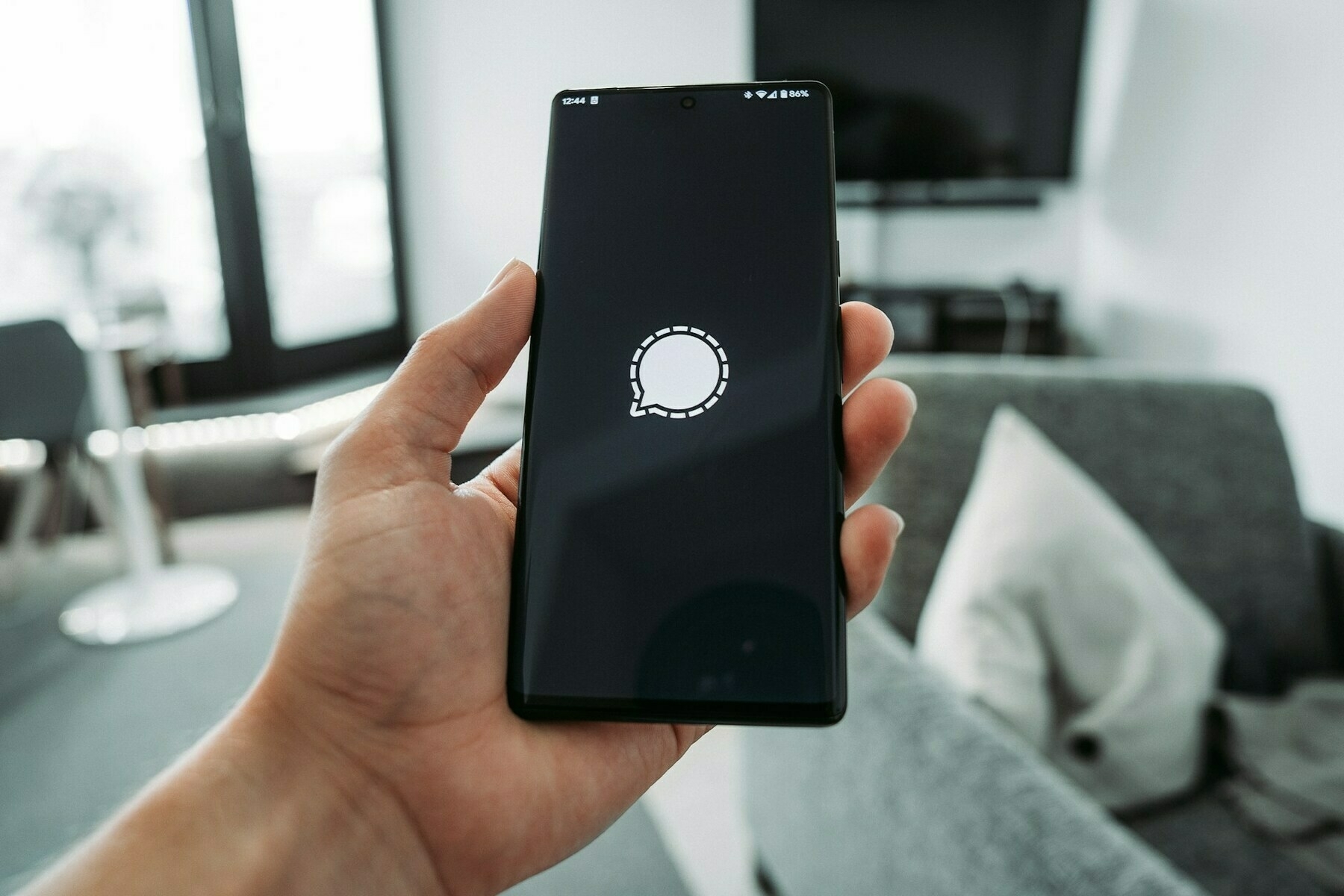 Auto-generated description: A person is holding a smartphone displaying the Signal app logo, in a modern living room.