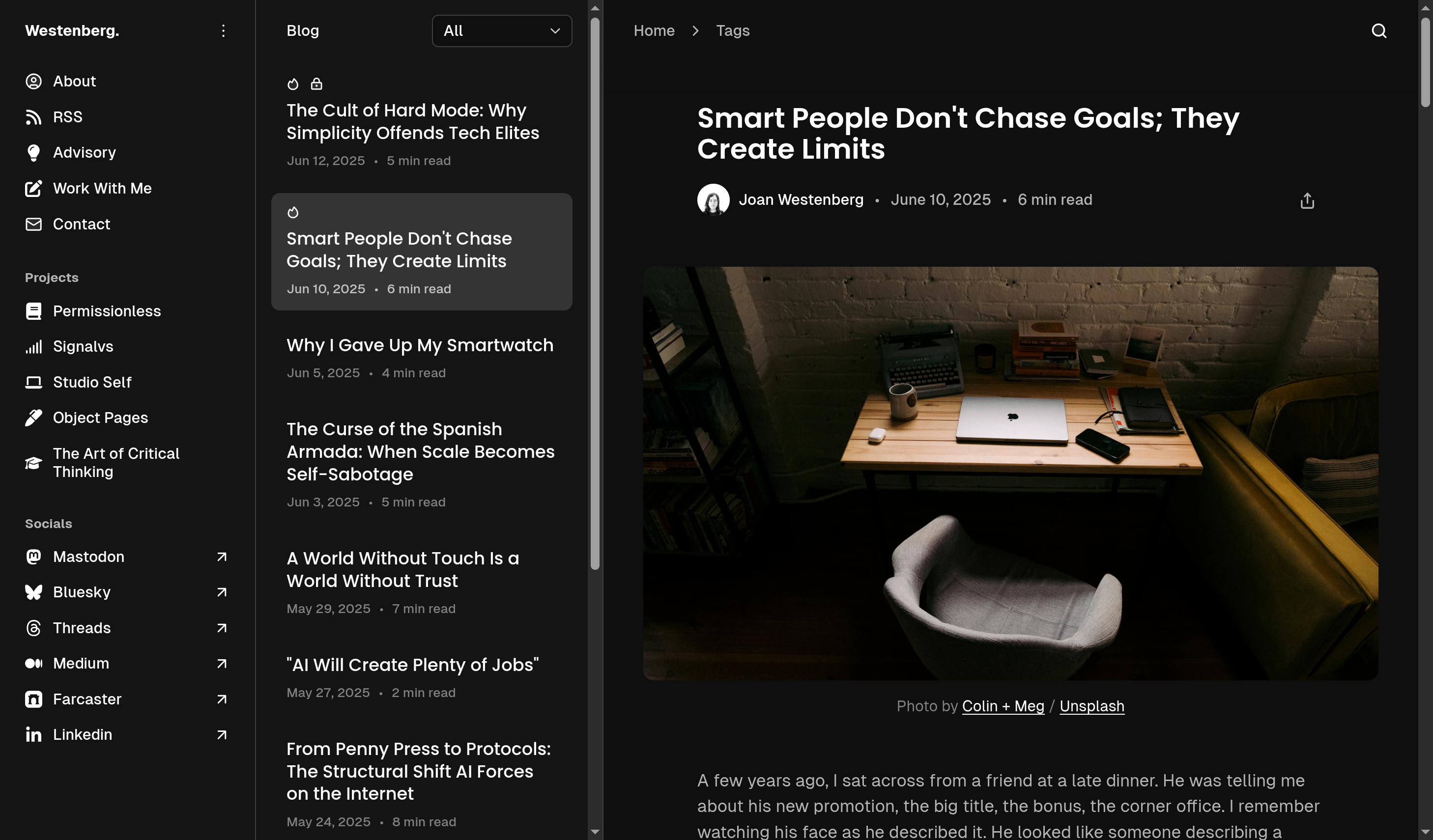 Screenshot of Joan Westenberg's blog with a 3-column them
