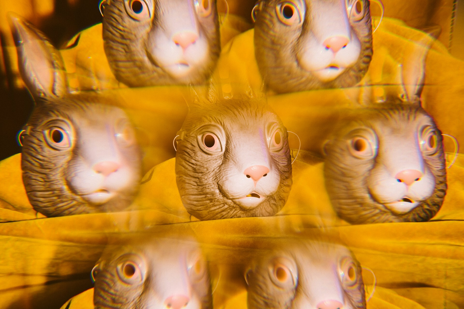 Auto-generated description: A kaleidoscope effect is applied to multiple distorted images of a rabbit with wide eyes against a yellow background.