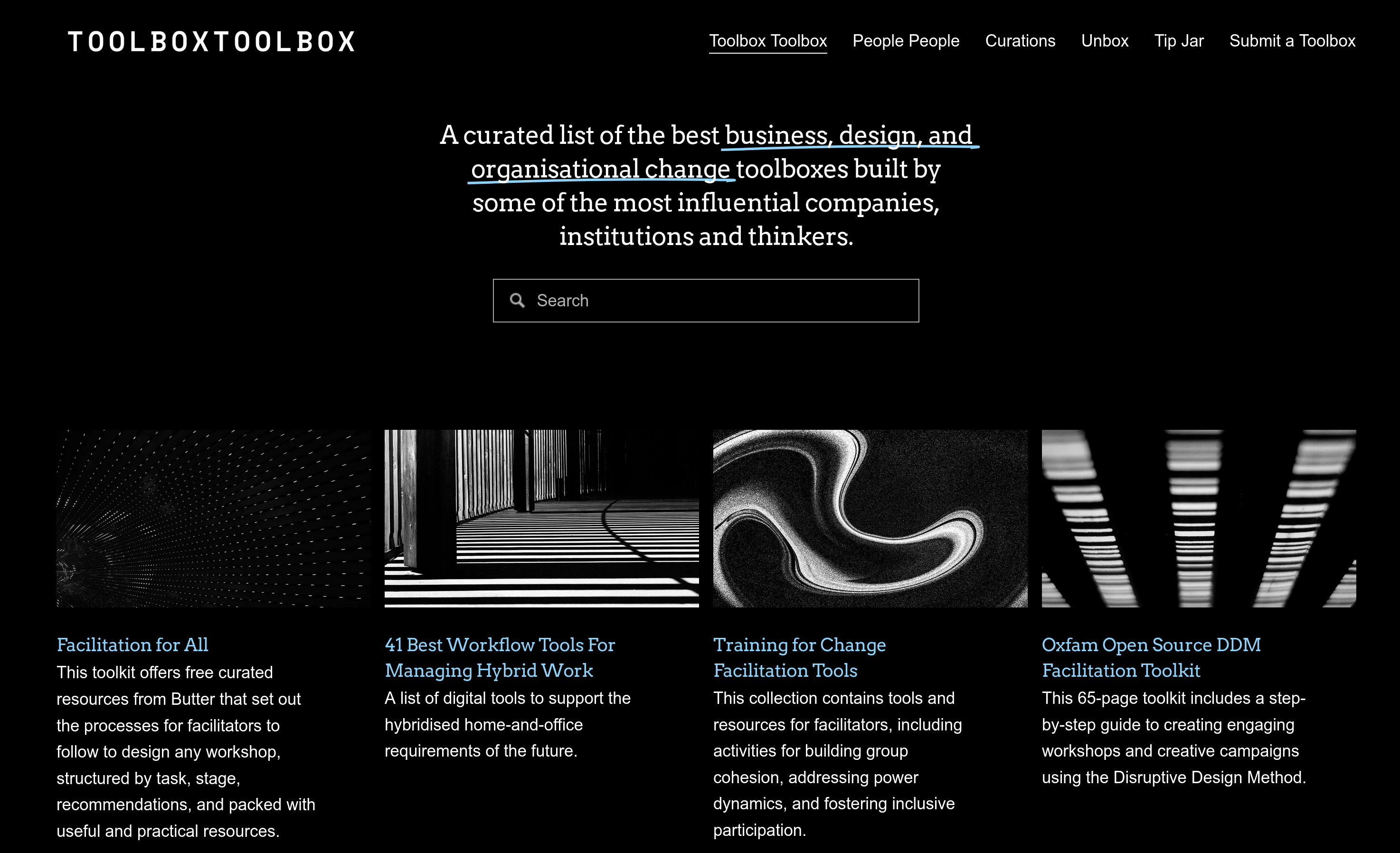 Auto-generated description: A website screenshot showcases a curated list of toolboxes for business, design, and organizational change, featuring various resources and tools.