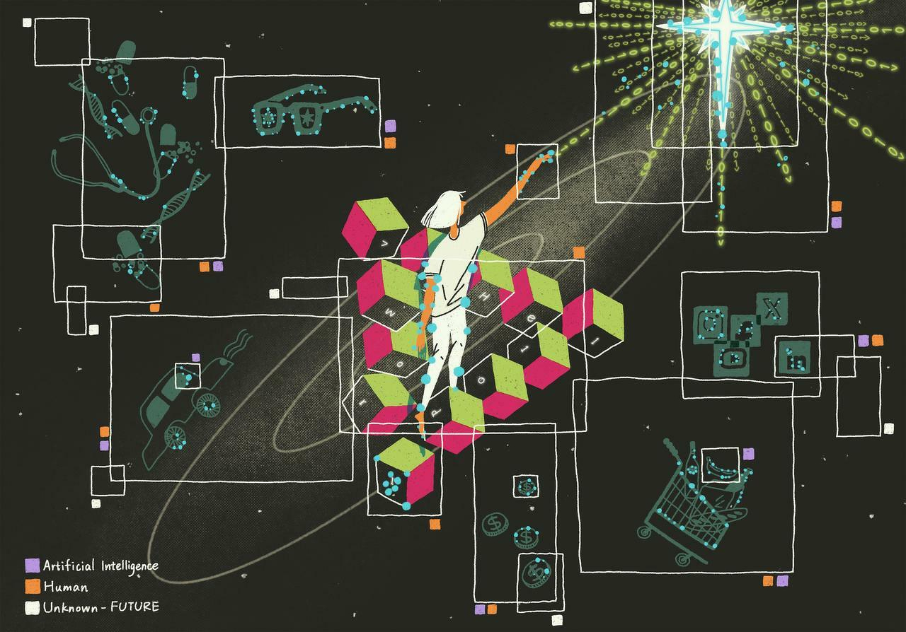 Auto-generated description: A futuristic scene depicts a human interacting with artificial intelligence, featuring colorful cubes, digital elements, and abstract symbols.