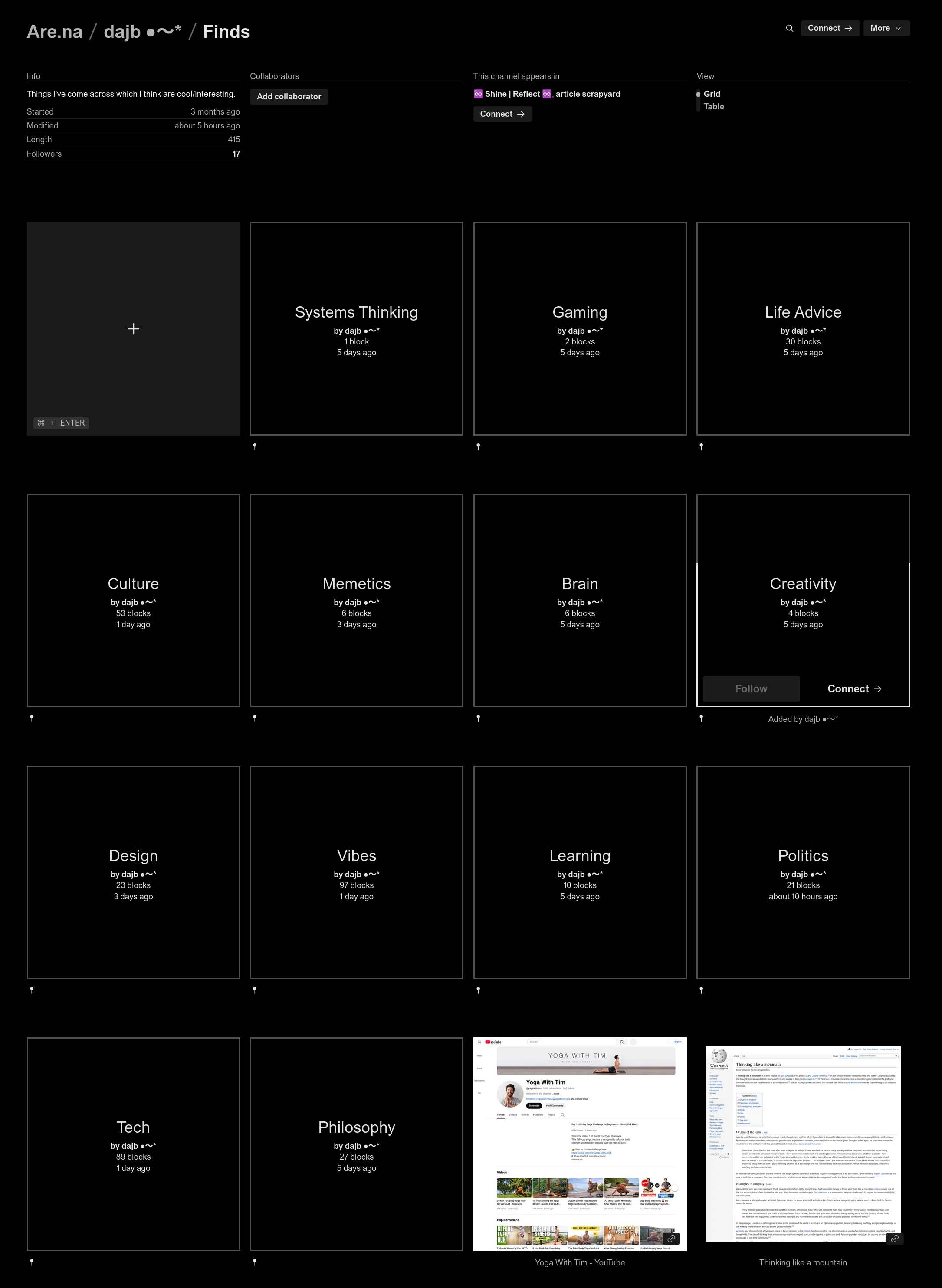 Auto-generated description: A digital collection platform interface displays various categorized topics like Systems Thinking, Gaming, and Life Advice, each represented by black tiles.
