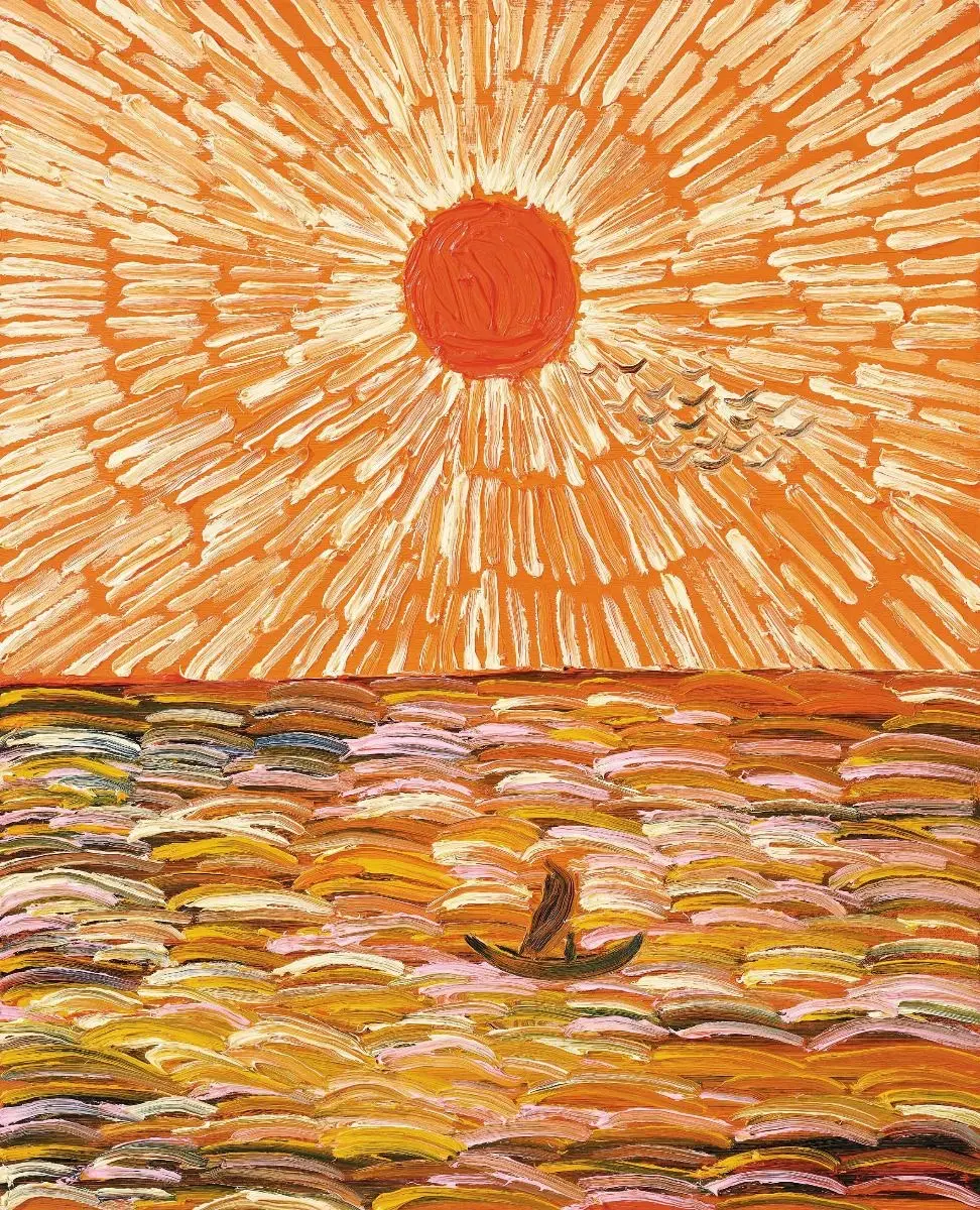 Auto-generated description: A small boat floats on a stylized, colorful sea under a radiant orange sun with birds flying nearby.