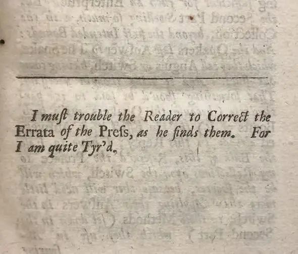 Auto-generated description: A piece of text requests the reader to correct print errors and mentions the writer's fatigue.
