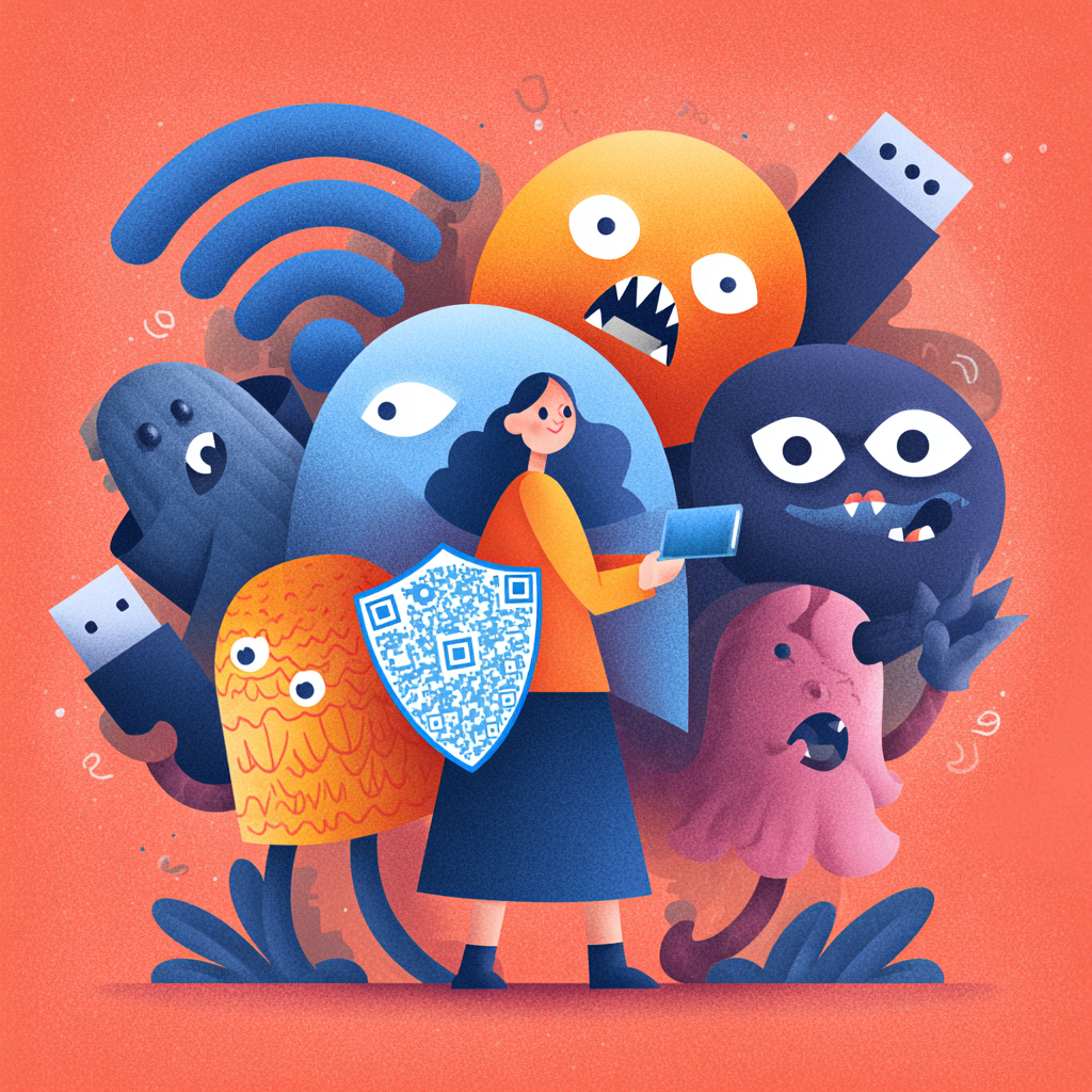 Auto-generated description: A woman stands with a phone and QR code shield surrounded by whimsical, colorful monsters on a vibrant orange background.