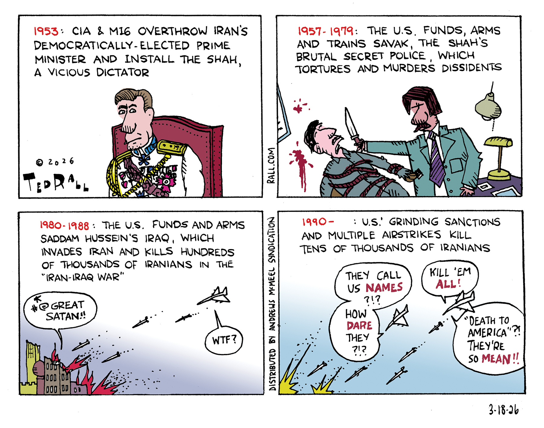 Auto-generated description: A comic illustrates historical U.S. involvement in Iran, depicting events from 1953 to 2020 with a critical and satirical lens on foreign policy and its consequences.