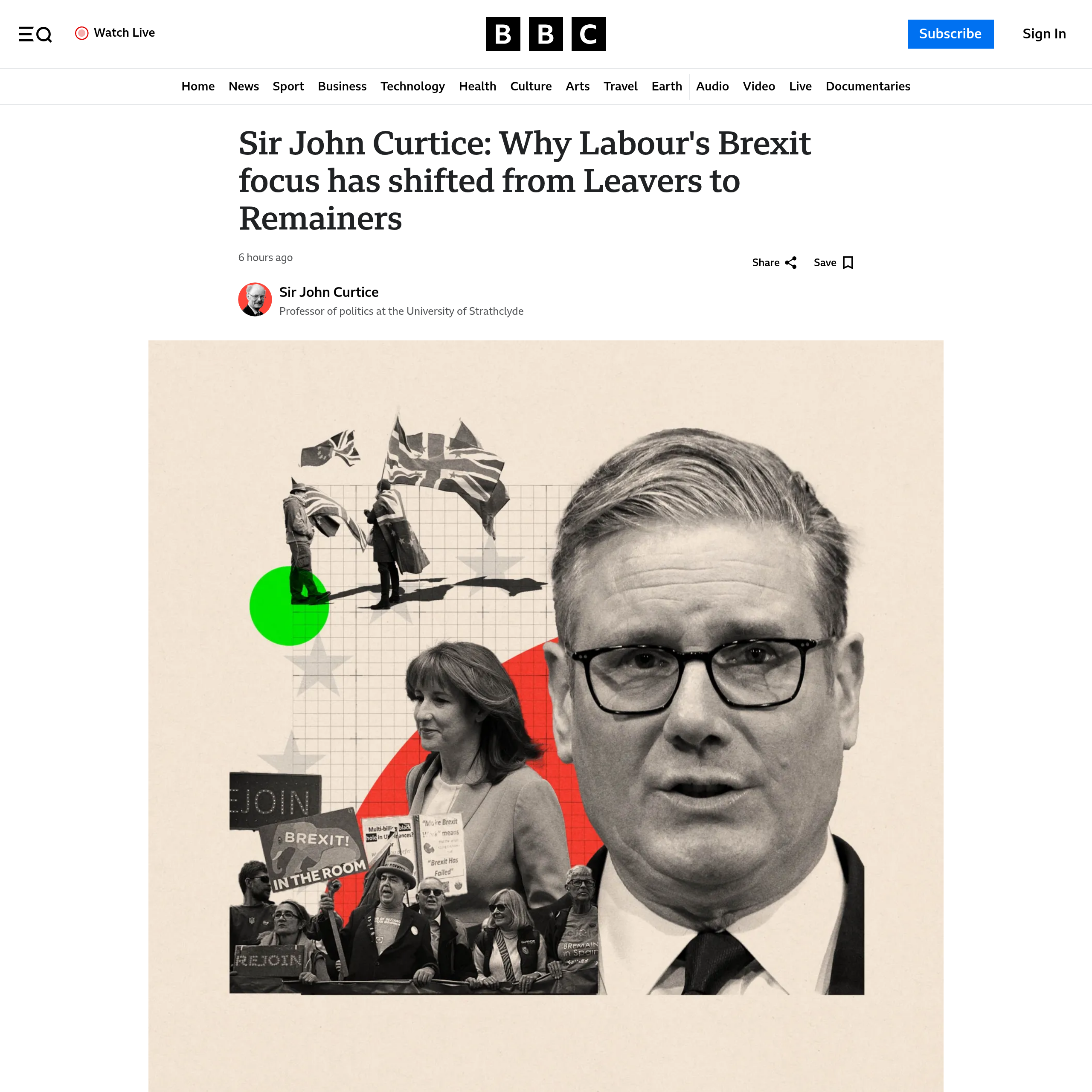 Auto-generated description: A collage features Sir John Curtice alongside a woman holding a Stop Brexit sign with a stylized checkered flag and European Union elements in the background, under a BBC headline about shifting Labour Brexit focus.