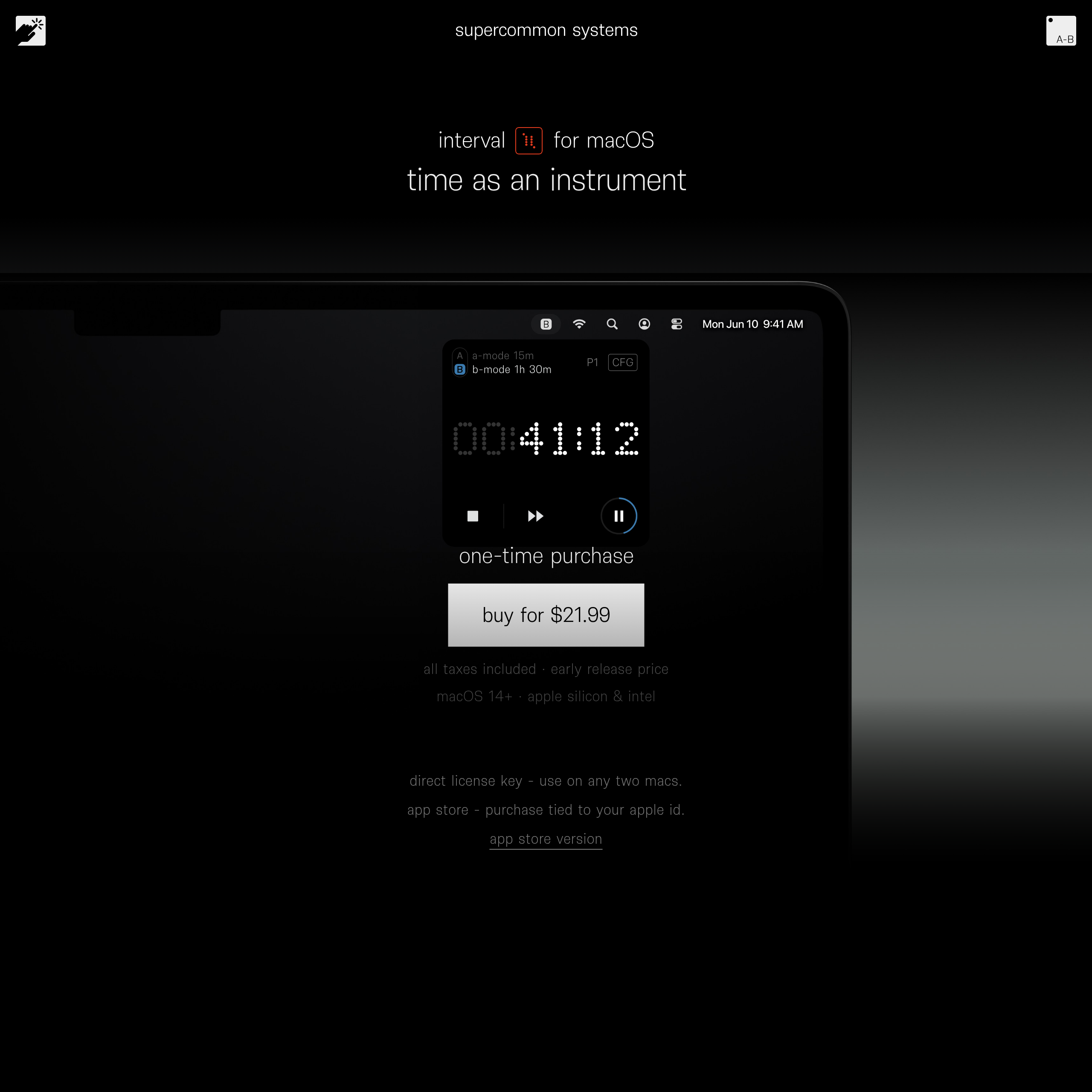Auto-generated description: A website page features a product called interval for macOS, displaying a digital timer interface and a purchase button for $21.99.